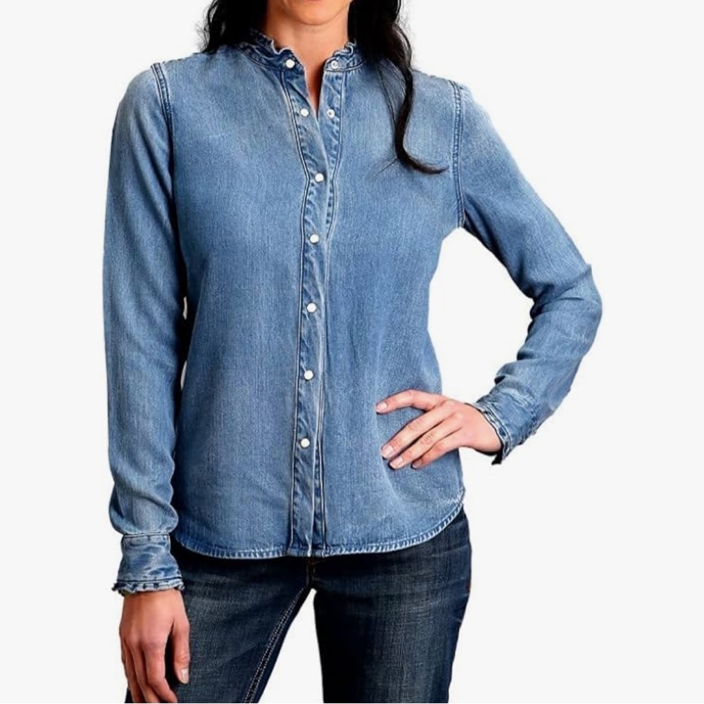 Stetson Ruffle Trim Blue Denim Pearl Snap Front Long Sleeve Button Down Sz S NWT